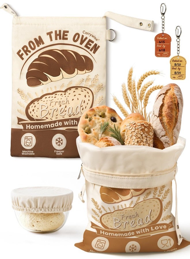 CarryWise Reusable Bread Bags for Homemade Sourdough with Date Keychains and Banneton Liner, 2 Pack Large 17"x12" Freezer Bread Storage with Zipper & Snap Handle for Home Bakers, Picnics & Travel - Image 1